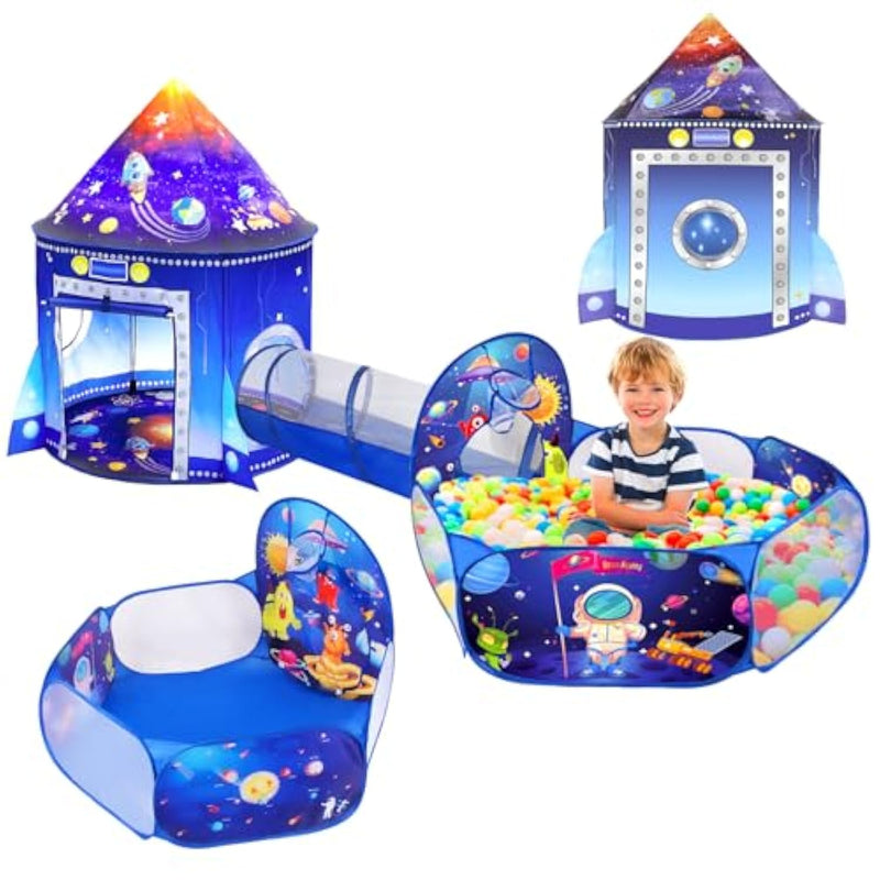 3 In 1 Rocket Ship Play Tent With Tunnel Ball Pit For Kids Space Themed Pop Up Playhouse Indoor Outdoor Astronaut Tent Set Toy Gift For Boys Girls Toddler Baby Child Games Birthday Party