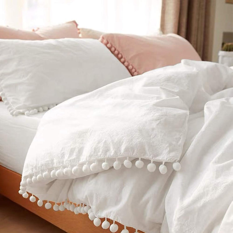 Pom Pom Duvet Cover Queen Size - 3 Piece Boho Bohemian Farmhouse Microfiber Be