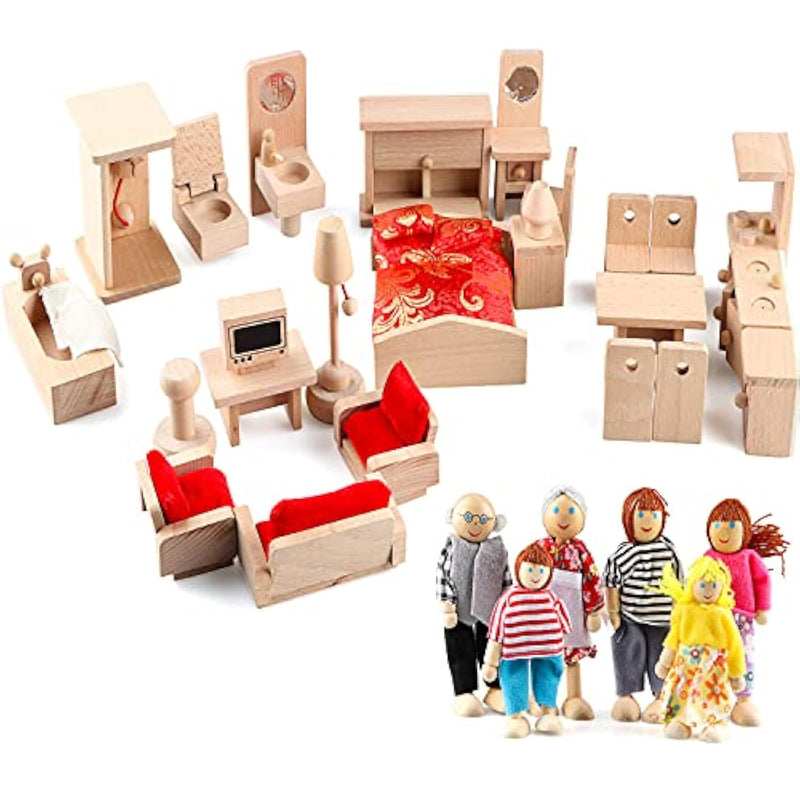 5 Set Dollhouse Furniture Accessories Wooden Bathroom/Living Room/Dining Room/Bedroom/Kitchen House 6 Family Doll Decoration Pretend Play Kids Christmas Birthday Gifts For Girls Toys 40 Pcs
