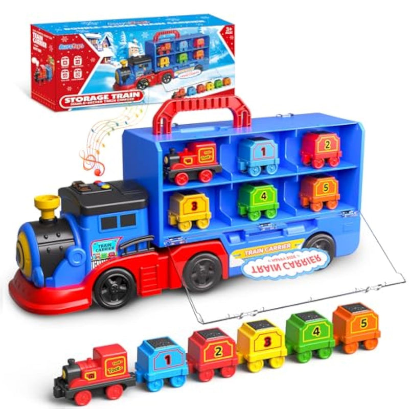 Toys For 3 4 5 6 Year Old Boys For Kids Girl Boy Toys,2-In-1 Toddler Toy Trucks Christmas Train Set With Light & Sounds Include 1 Transport Toy Trucks,6 Magnetic Trains