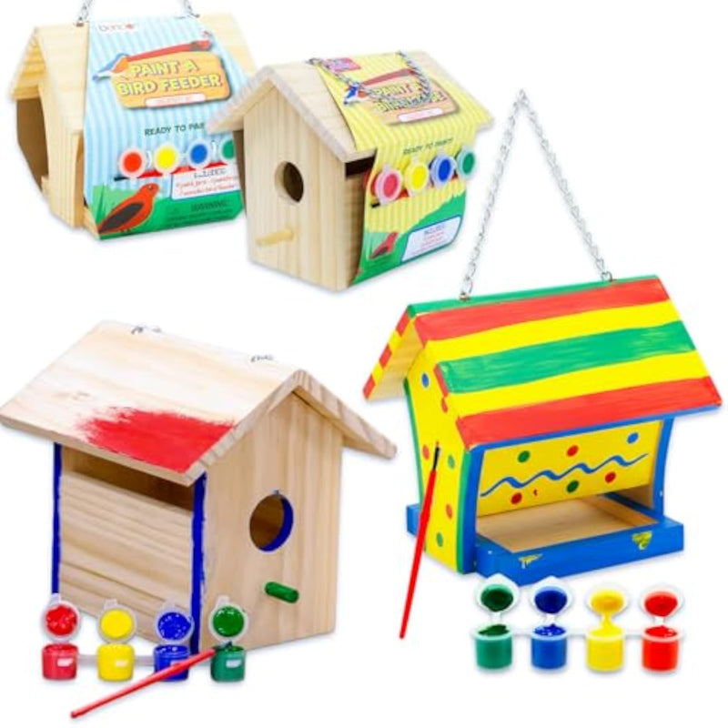 2 Pack DIY Birdhouse & Bird Feeder Painting Kits, Wooden Outdoor Crafts for Kids