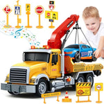 Kids Toys For 3 4 5 6 7 Years Old Boys, 15" Large Tow Truck Toy, Friction Powered Transport Truck Crane Vehicle Toy With Lights And Sounds, Racing Car, Traffic Signs, Birthday Gifts For Boys Girls