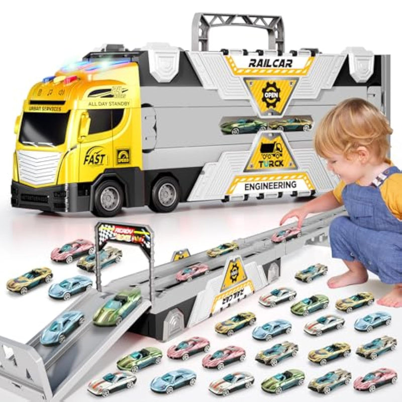 65-Inch Race Car Tracks And 20 Car Toys For Kids Boys Toddlers, Boy Toddler Toys Trucks For 3 4 5 6 7 8 Years Old Kids With Lights Sounds, Truck Toys Gift For 3 4 5 6 7 8 Years Old Boys Girls