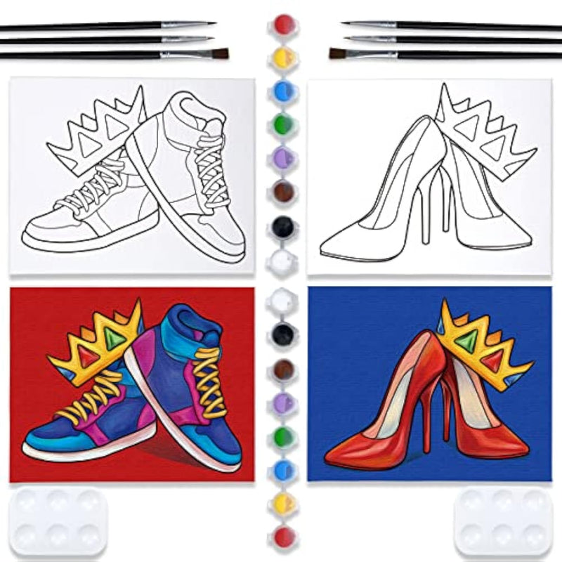 2 Pack Couples Paint Party Kits Pre Drawn Canvas For Adults Paint And Sip Kit Date Night Games For Couples Painting (8X10 Inches, Crown High Heel And Sneakers)