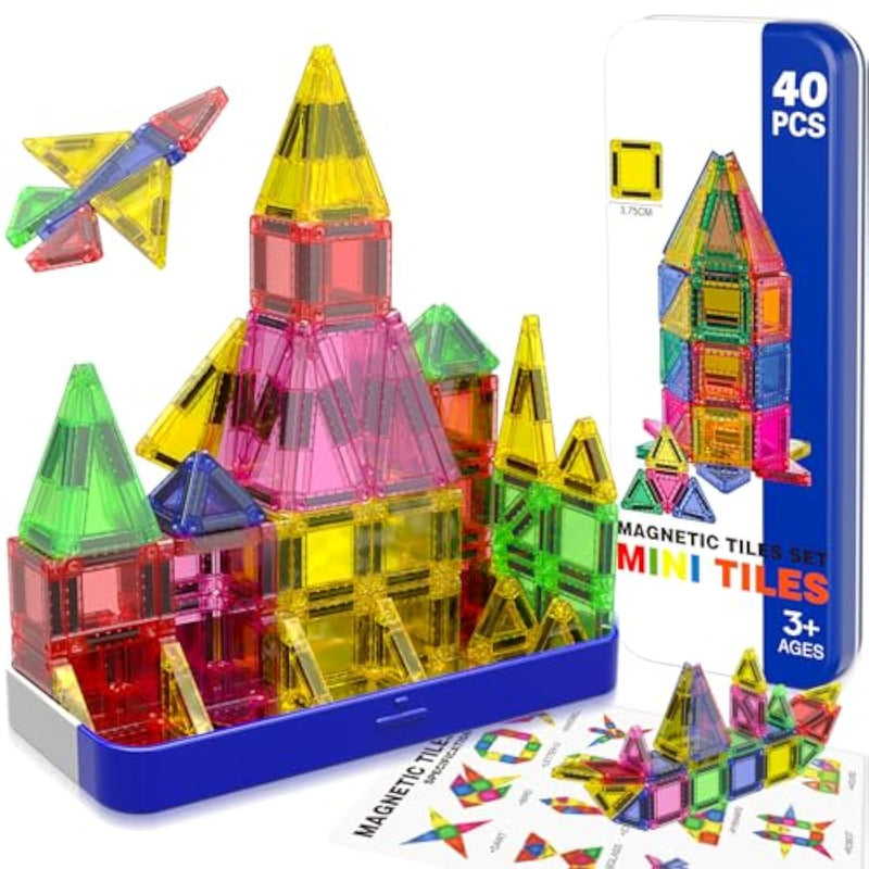 Mini Magnetic Tiles With Iron Box, 40 Pcs Travel Magnetic Tiles, Stem Educational Building Set Construction Toys For Kids Ages 3+, Portable Building Toys For Toddlers, Boys & Girls Birthday Gift