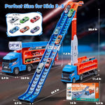 Race Track Truck Toys For 3 4 5 6 Years Old Kids - Carrier Truck Transport Car With 6 Die-Cast Cars Toys, 4-In-1 Truck With 2 Foldable Race Tracks, Christmas Birthday Gifts Toy For Toddler Boys, Blue