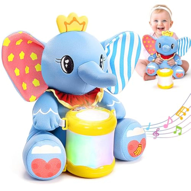 Stuffed Elephant Musical Toys For Baby 6-12 Months+, Early Learning Light Up Music Drum, Perfect Christmas Birthday Gifts For Boy & Girl Age 1, 2 Years Old