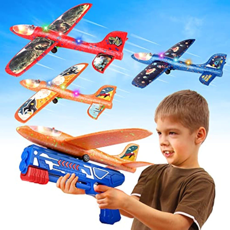 3 Pack Foam Airplane Launcher Toy With 3 Diy Stickers, 12.6" Glider Led Plane, Catapult Plane Boy Toys, Outdoor Sport Flying Toys For Kids Birthday Gifts For 4 5 6 7 8 9 10 11 12 Year Old Boys Girls