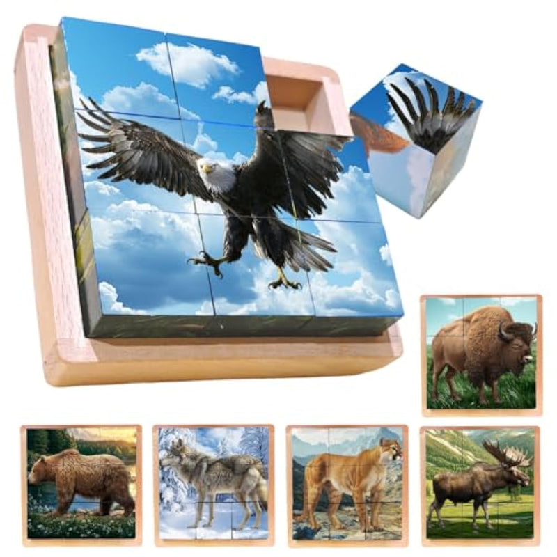 Wooden Cube Puzzle Of Native North American Animals | Wooden Puzzles For Kids & Toddlers Ages 3 4 5 6 7 8