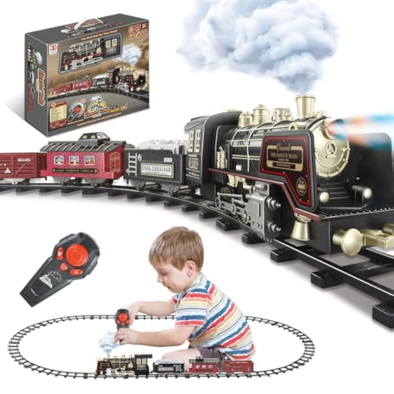 Juqu Christmas Train Set For Kids Ages 3-12 – Remote Control Steam Model Toy Train Gift With Smoke, Lights, Whistle & Tracks, Battery Operated Train Set For Christmas Tree Display And Holiday Play