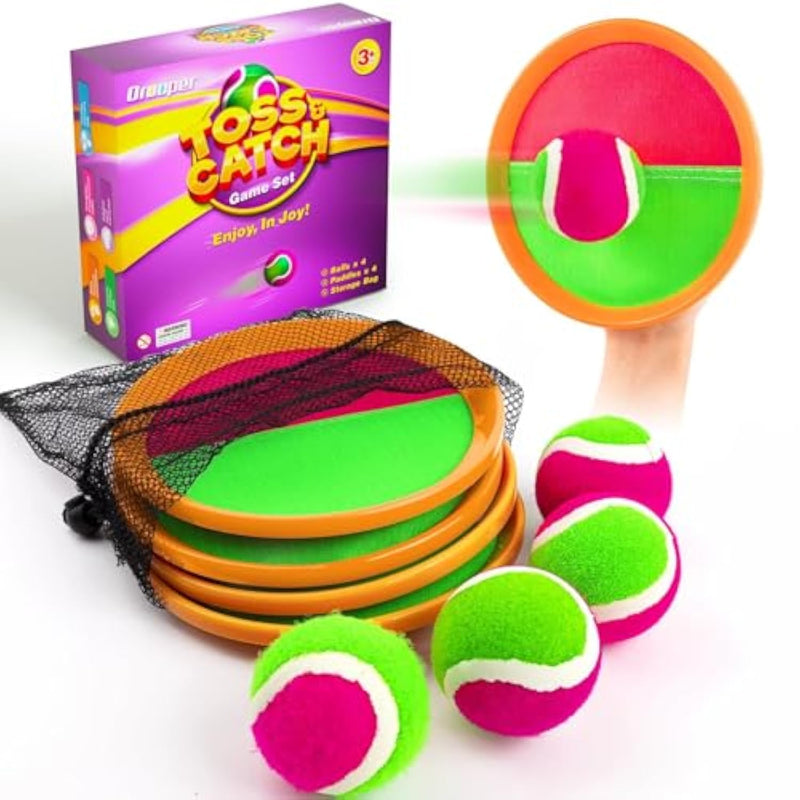Kids Outdoor Toys - Toss And Catch Game Set, Outside Yard Camping Beach Pool Toys Games For Boys Girls 3 4 5 6 7 8 9 10 Year Old, 4 Paddles 4 Balls (Orange+Orange)