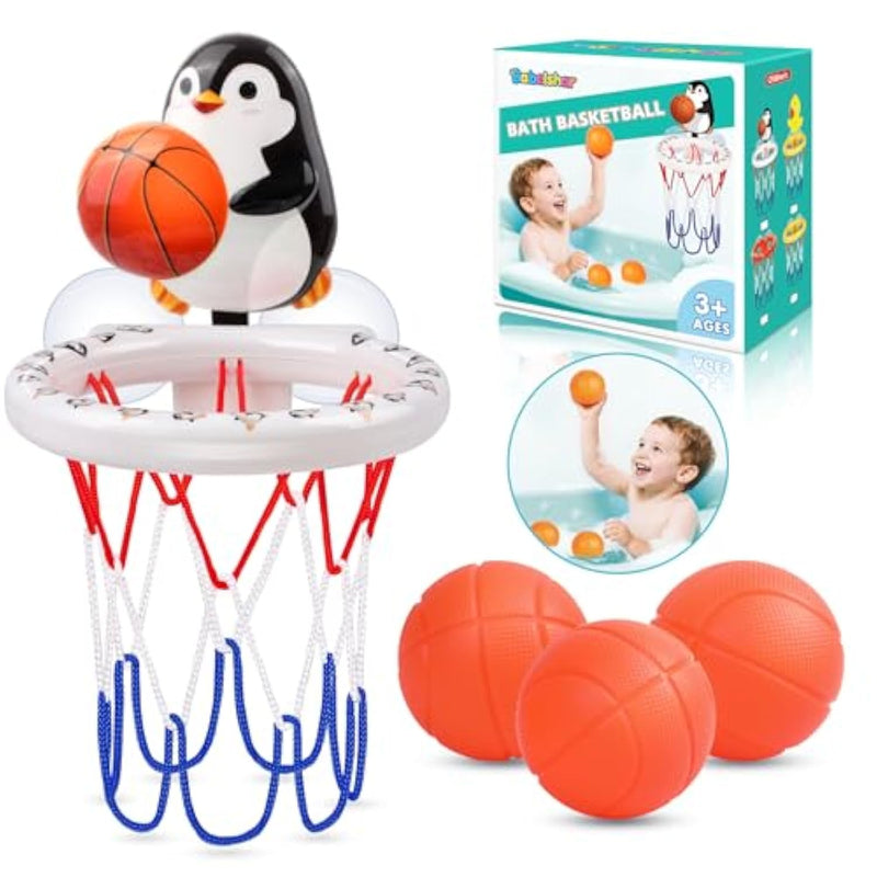 Bath Toys, Bathtub Basketball Hoop For Toddler Kids, 3 Soft No Hole Balls & Bath Basketball Hoop With Strong Suction Cup, Black & White Penguin Baby Shower Bath Toys Set For Boys And Girls