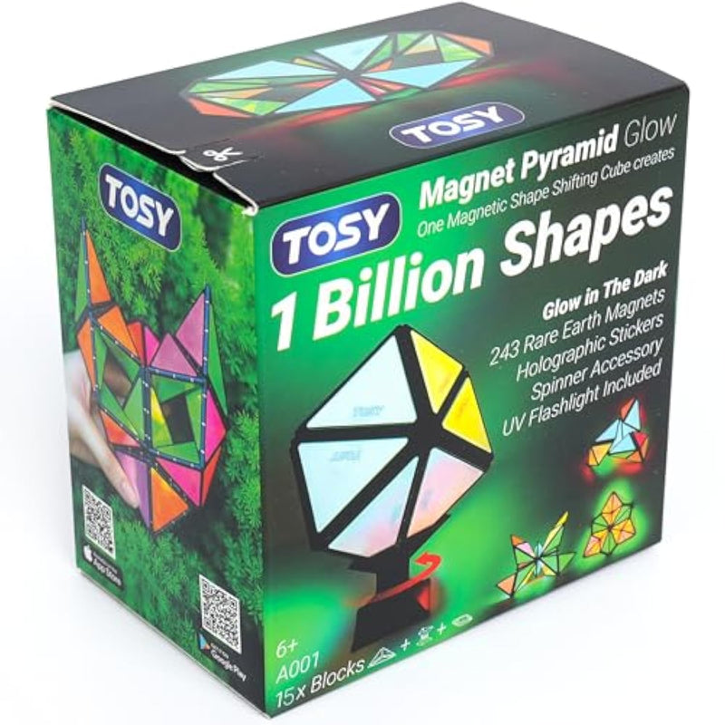 Magnet Pyramid Glow - 1 Cube Transforms Into 1 Billion Shapes, 15 Pcs (12 Puzzle Pcs & 3 Accessories), 243 Magnets, Glowing, Christmas Stocking Stuffers Gift For Kids, Creative Puzzle Stem Toy