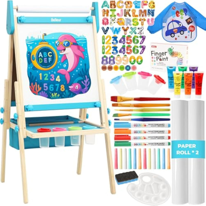 Adjustable Double-Sided Kids Easel with Whiteboard, Chalkboard & Paper Roll