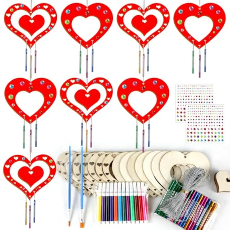 16 Pack Valentine’s Day Heart Wind Chime Craft Kit, DIY Wooden Coloring Activity