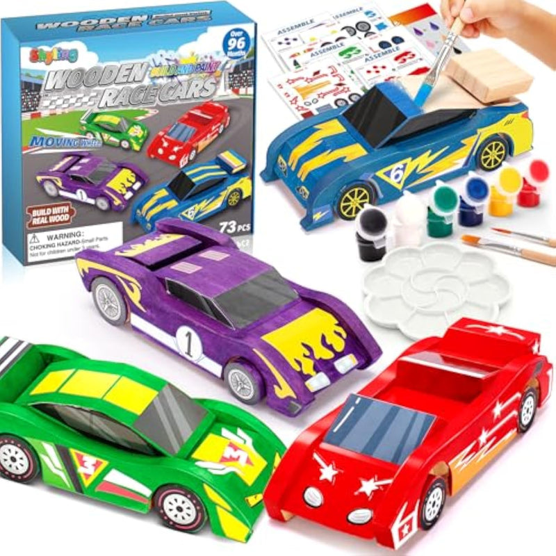 4 Pcs Wooden Race Car Painting Kit for Kids with Paints, Brushes & Instructions