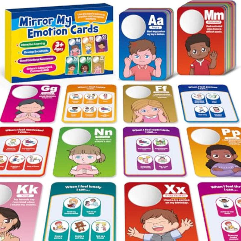 Emotions Learning Flashcards For Kids, 26 Feelings Cards With Built-In Mirror, Social Emotional Skills, Alphabet Flash Cards, Autism/Adhd Learning Materials For Toddlers Preschool Classroom