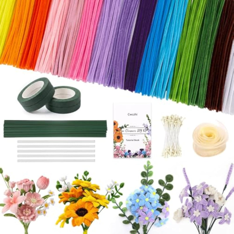 1050 Piece Pipe Cleaner Flower Crafting Kit, 15 Assorted Colors Pipe Cleaners Craft Supplies