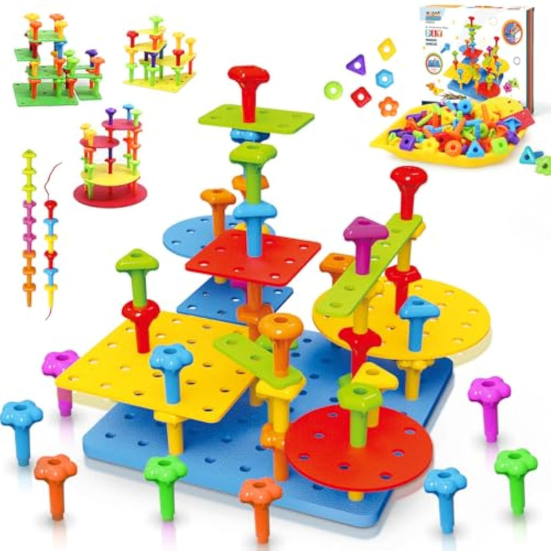 Peg Board Toy Set 73Pcs Diy Building Stacking Toys For Kids 3-6 Years Old,Stem Educational Kids Toy For Brain Development,Montessori Sensory Toys,Upgrade Various Foam Board Plastic Lacing String Game