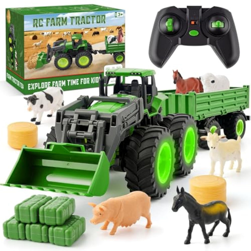 Remote Control Tractor Toy, Kids Rc Tractor Set With Truck & Trailer And Light/Loading/8 Wheel, 2.4 Ghz Rc Farm Vehicle Toys, Animal Farm Kids Toy For 3 4 5 6 7 8 9 Year Old Boys Girls Birthday Gift