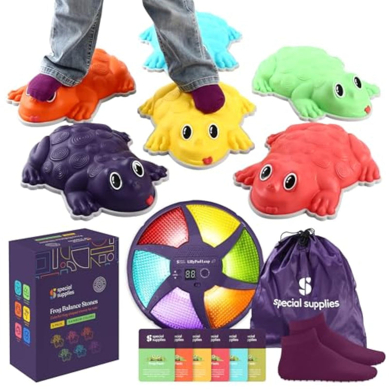Stepping Stones For Kids - Set Of 6 Frog Balance Blocks - Indoor/Outdoor Play - Child Safe Rubber, Non-Slip Edging - Promotes Coordination, Balance, Strength, Game Included