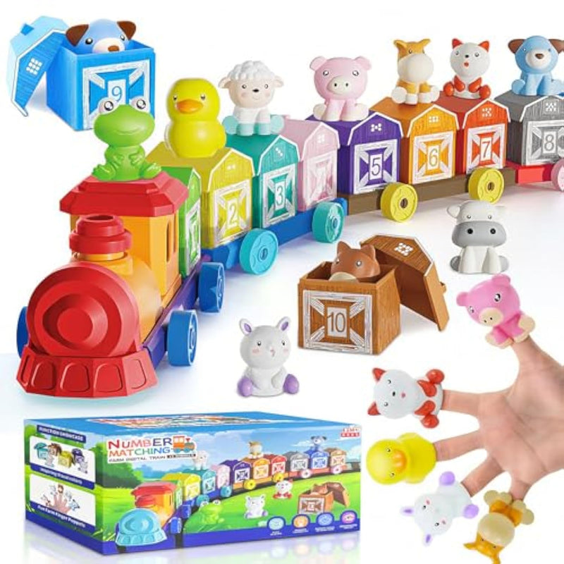 Toddler Learning Toys For 1 2 3 Year Old, Farm Animal Train Set With Counting Sorting Matching, 10 Farm Animals, Finger Puppets & Barns, Easter Christmas Birthday Preschool Gift For Baby Boys Girls