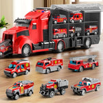 Fire Trucks Toy Set With Play Mat, Carrier Truck Play Vehicles Set For 3 4 5 6 Years Old Boys Kids, Die-Cast Car Toy For Toddlers 3-4 Years, Birthday Gifts Toys For 3-9 Year Old Boys