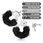 Blush Temptasia 11" Black Plush Fur Handcuffs - Soft Faux Fur Bondage Cuffs For Couples - Adjustable Stainless Steel Metal Restraints - Keys & Safety Release - Kinky Bdsm Pleasure Cuffs Adult Sex Toy