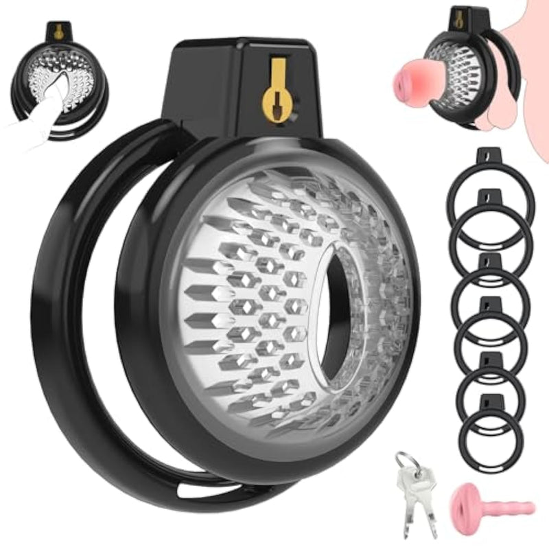 Male Chastity Cage - Soft Lightweight Penis Cage With 6 Sizes Rings, Comfortable Bondage Chastity Device For Men,Perfect For Long-Term Wear, Erection Control & Bondage Play (Black)