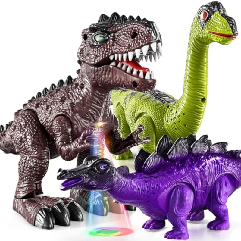 3 Pack Electrical Walking Dinosaur Toys For Toddlers 3-4 3-5 Years With Sound And Light Up, Toddler Robot Dinosaur, Brachiosaurus, Stegosaurus Dinosaur Figures For Kids