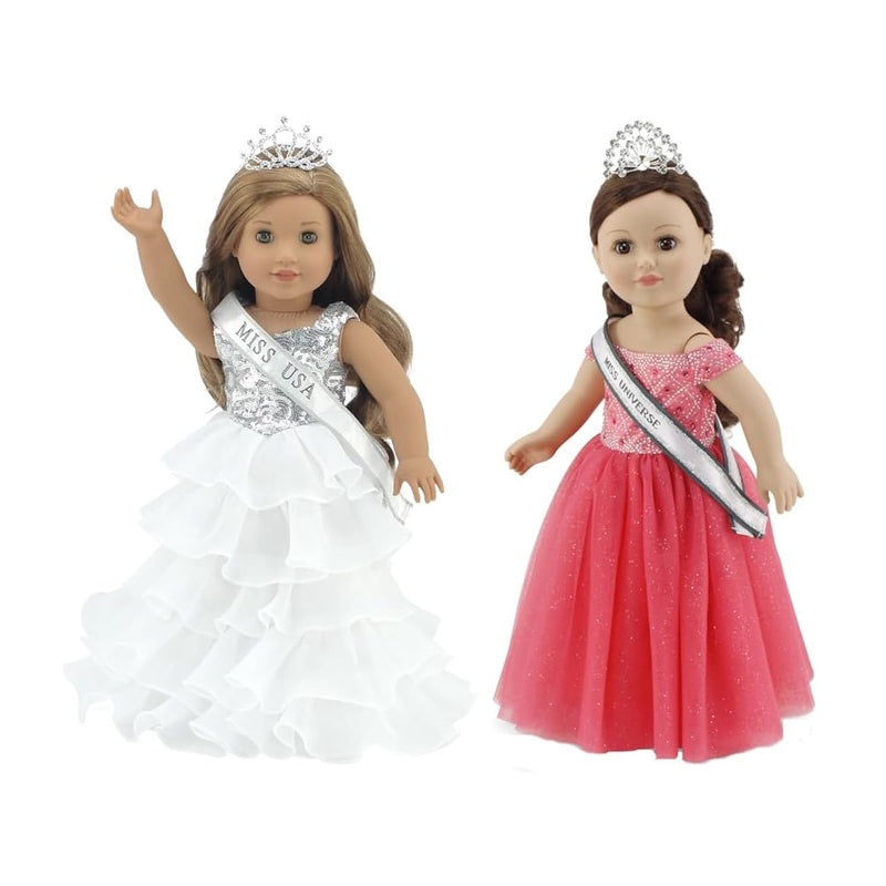 18 Inch Doll Stunning White Pageant Gown Dress & Sash/Crown Outfit Bundled Wit