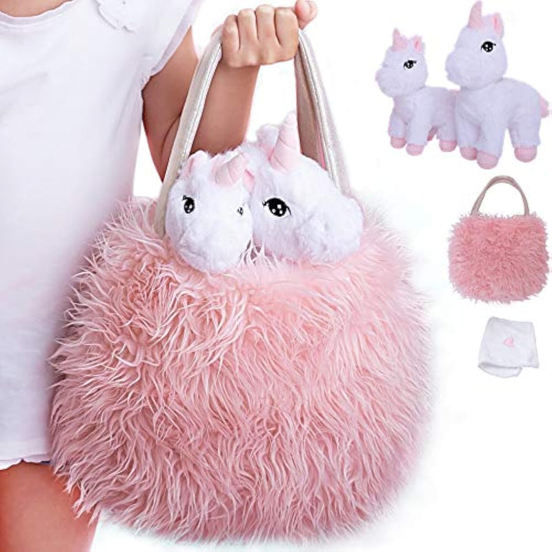 Unicorn Toy For Girls Age 3, 4, 5. 4 Pcs Set - Mommy Baby Stuffed Animal, Bag And A Doll Blanket. Unicorn Gift For 3-6 Year Old Girl Birthday Or Christmas. (White Pink)
