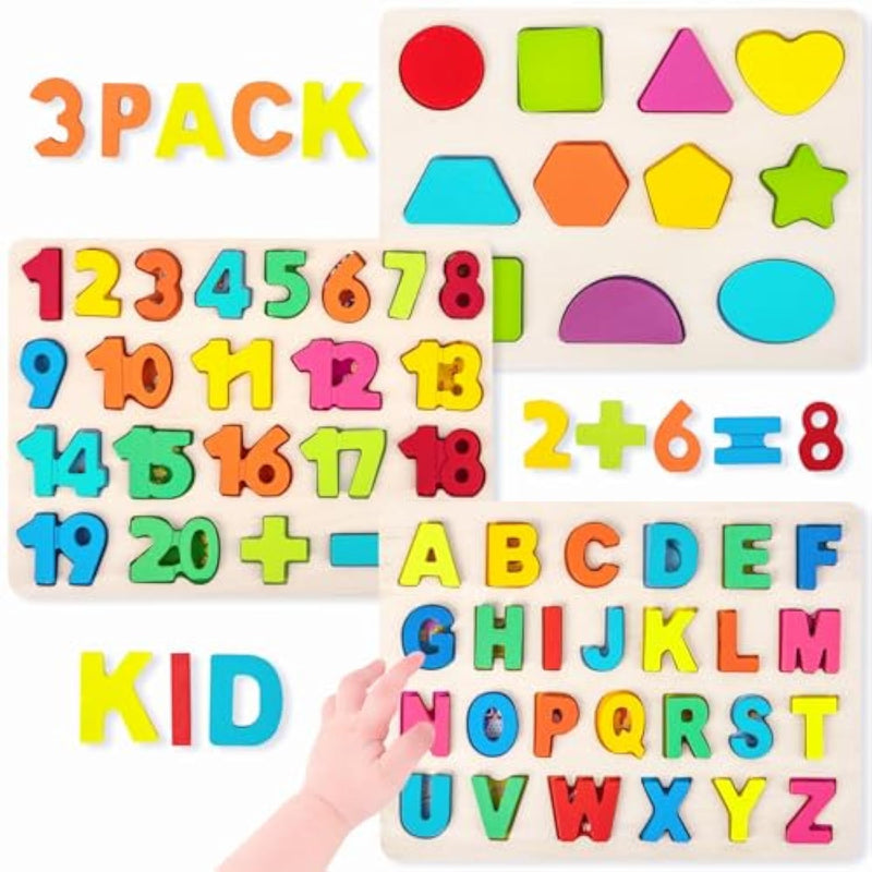 Wooden Puzzles For Toddlers, Alphabet Puzzle And Number Shape Puzzle, 3 In 1 Preschool Educational Learning Toys With Chunky Wood Abc Puzzle Board For 3 4 5 Girls Boys Kindergarten Set Of 3