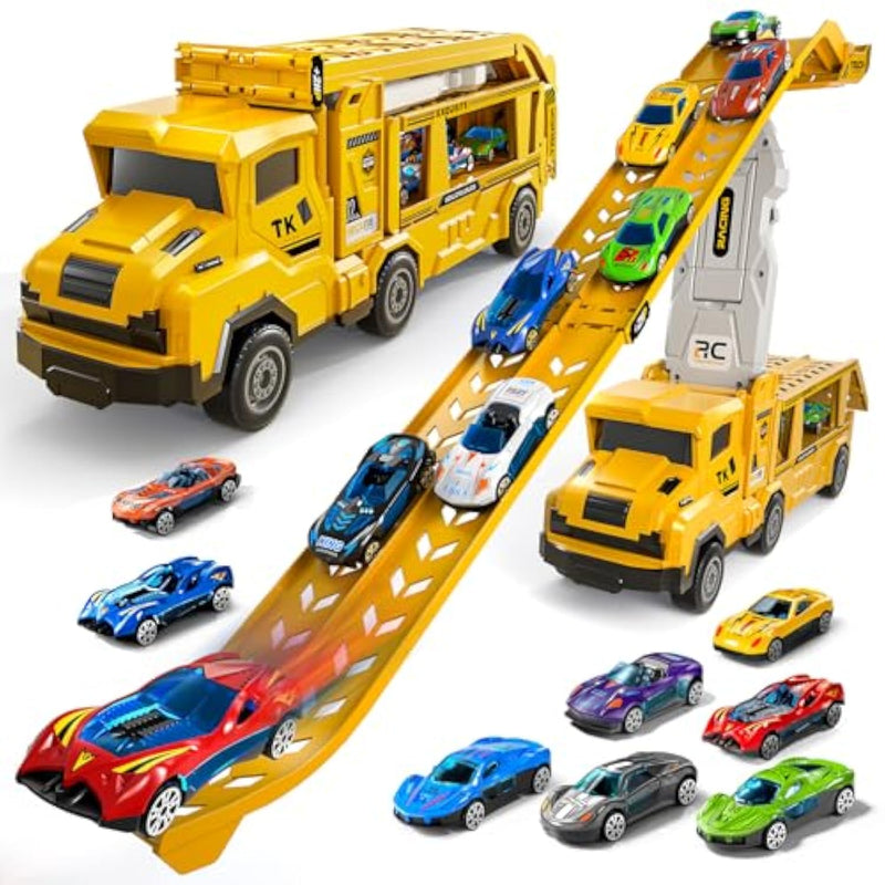 Transport Truck Toys For 3 4 5 6 7 Years Old Boys,Toy Cars Track Set Transporter Trucks With 12 Die-Cast Car Toys 2 Race Catapults Dual-Track Model,Toddler Set For Kids Boys Girls,Yellow