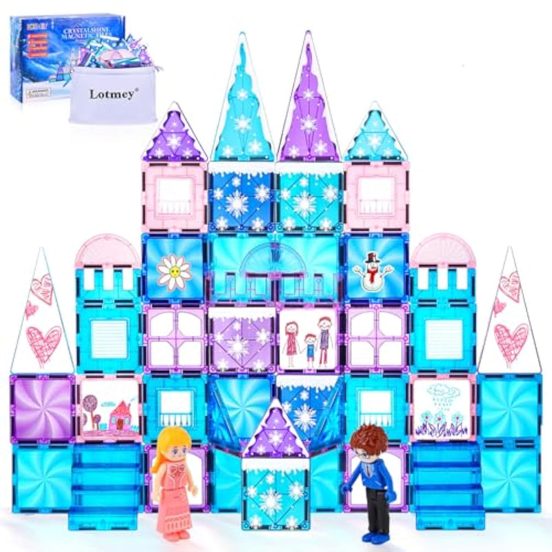 Diamond Magnetic Tiles Set 145Pcs With Magnetic Doodle Kit, 3D Blocks Magnet Toys For Girls 3 4-7,8-12, Stem Toys Princess Castle Include 2 Stairs 2 Dolls Decals Stickers,3 4 5 6 7 8+ Girls Xmas Gift