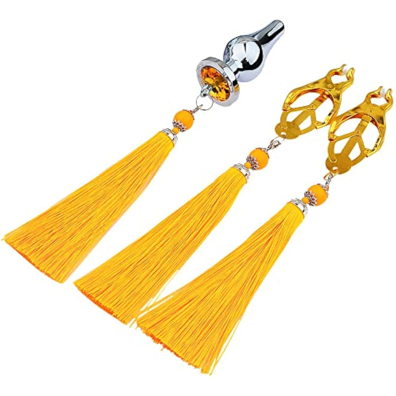 Stainless Steel Anal Plug Butt Plug Tassels Trainer Set With A Pair Of Nipple Clips Anal Massager Sex Toy For Men Women Unisex Gay(M,Yellow)