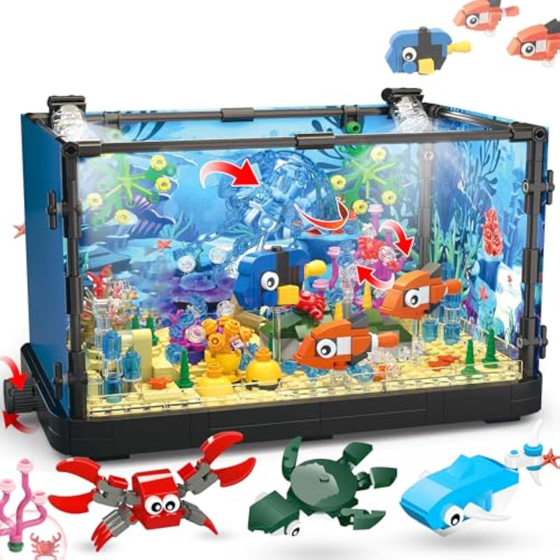 Fish Tank Building Block, Lighting Aquarium Building Sets For Adults And Kids Including Ocean Jellyfish, Dolphin, Turtle, Crab, Animal Building Toys For Boys Age 8-12, 725Pcs