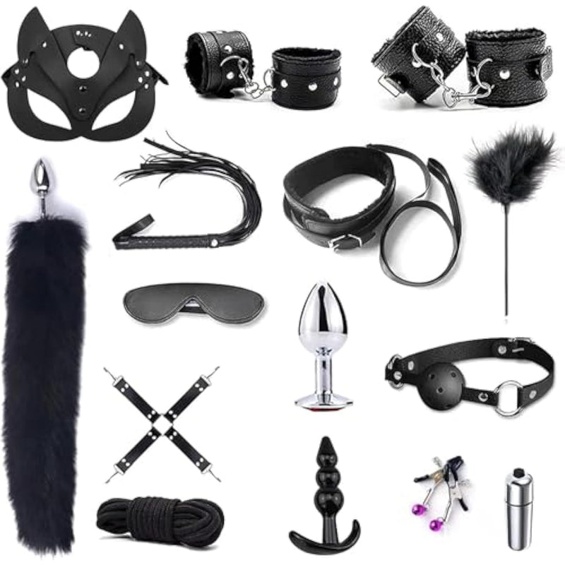 Bdsm Kits Restraints Sex Toys 15Pc Bondage Restraints Set Fetish Bed Restraints Kits For Beginners Light Sm Adult Games Safe Bdsm Cuffs Nipple Clamps Flogger Ball Gag Blindfold Rope Black Cosplay