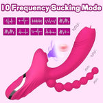 G-Spot Bunny Vibrator Vibrations/Sucking 3 In 1 Vibrators With Vibrating Pull Beads, Waterproof Clitoral Nipple Anal Stimulato, Sex Toys.(Red)