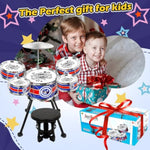 Toy Drum Set For Toddlers Upgrade Drums Kit Kids Jazz Drum Set With Stool, 5 Drums Percussion Musical Instruments Toys For 3 4 5 Year Old Boys Girls Gifts (Blue)