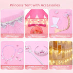 13 Pcs Castle Play Tent With Led Star Lights - Princess Dress-Up Set With Crown For Little Girls - Princess Toy Tent - Indoor And Outdoor Girls Castle Playhouse - Pink