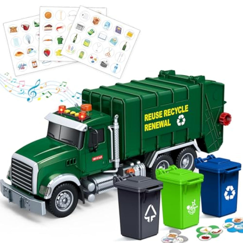 Kids Toys For 3 4 5 6 7 8 Years Old Boys, 15" Large Garbage Truck Toy, Friction Powered Garbage Recycling Truck With Lights And Sounds, 3 Trash Bins With Trash Cards, Birthday Gifts For Boys Girls