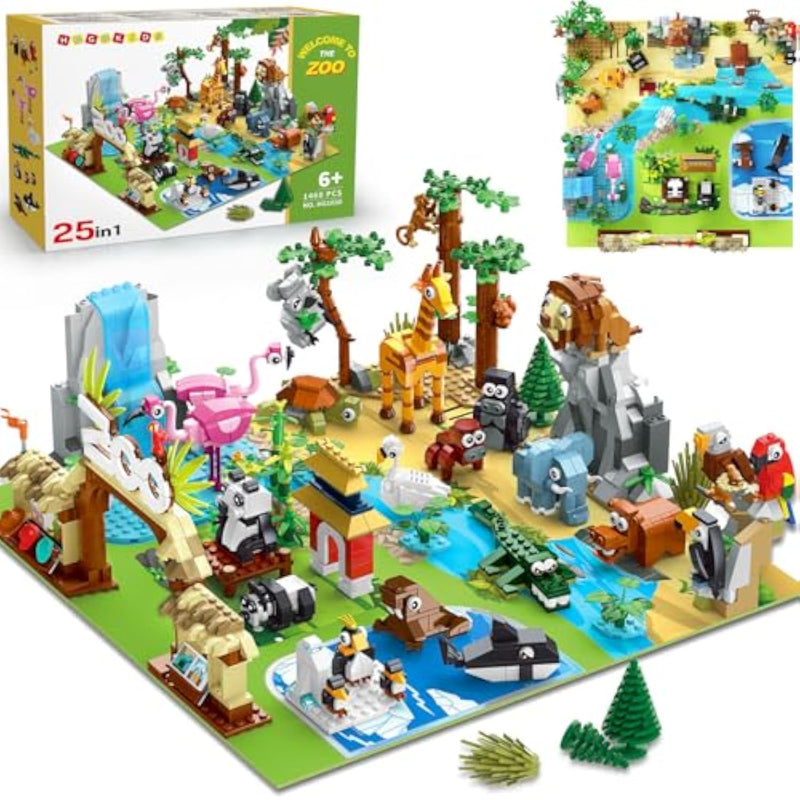 25 Animals Zoo Building Set With Play Mat - 8 Pack Zoo Scene Modules Building Blocks Toy For Party Favors Goodie Bag Classroom Prizes Fillers Birthday Gifts For Kids Boys Girls 6+ (1460Pcs)