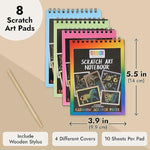 8 Pack Rainbow Scratch Paper Pads for Kids with Wooden Styluses, 10 Sheets (5.5 x 3.9 In)