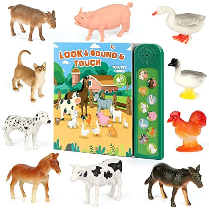 Farm Animals Figures Toys With 10 Realistic Plastic Animal Figurines & Kids Sound Book, Educational Learning Toys Gift For 3 Years Old & Up Toddlers Kids Boys Girls