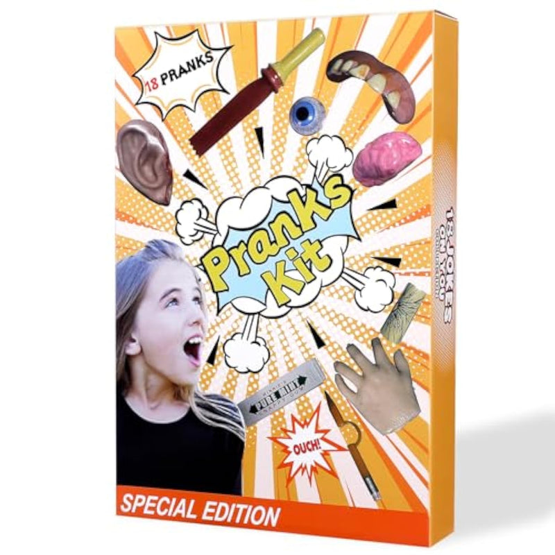 Prank Kit For Kids - 18 Gags & Practical Joke Toys - Prank Stuff For April Fools - Ultimate Practical Jokes - Gag Gifts For Kids - Big Funny Toys Pack Set Box