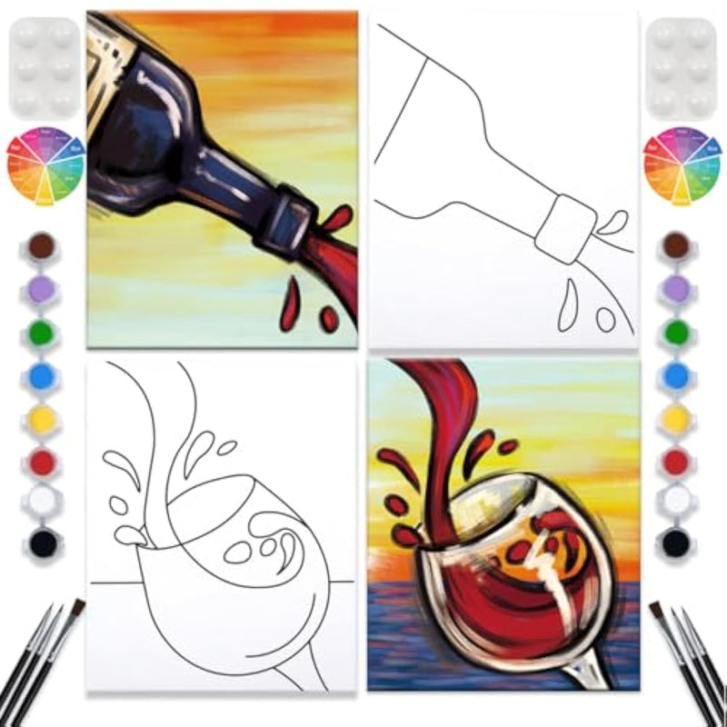 2 Pack Paint And Sip Canvas Painting Kit Pre Drawn Canvas For Painting For Adults Stretched Canvas Couples Games Date Night Pour Wine Couple Paint Party Supplies Favor