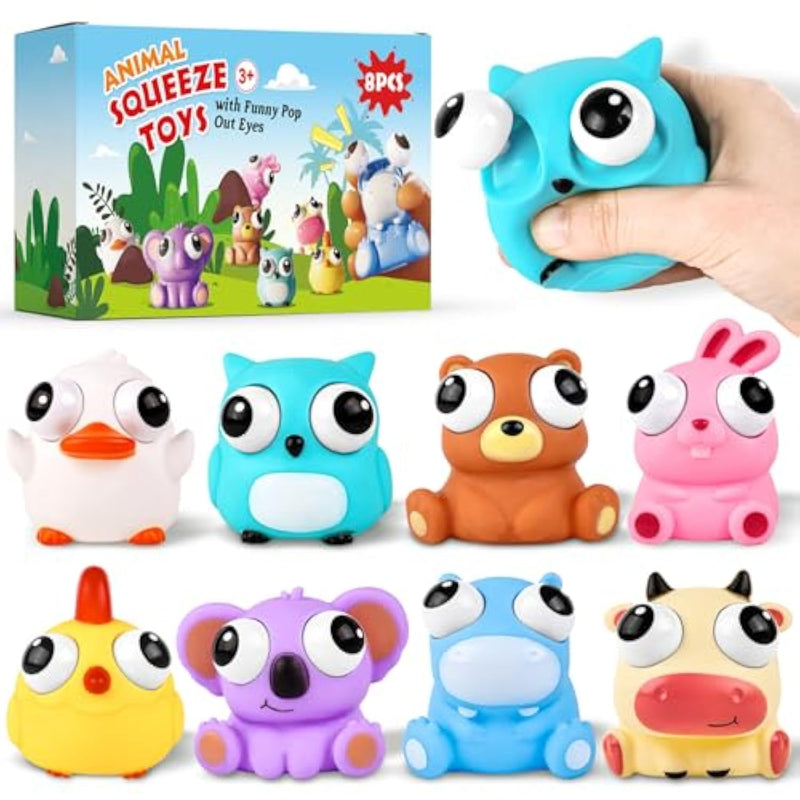 8 Pack Animal Squishy Fidget Toys, Cute Squishies Toys for Kids Adults, Pop Out Eyes Toy, Popping Eye Stress Relief Toy, Easter Basket Stuffers, Party Favors, Goodie Bag Stuffers and Classroom Prizes