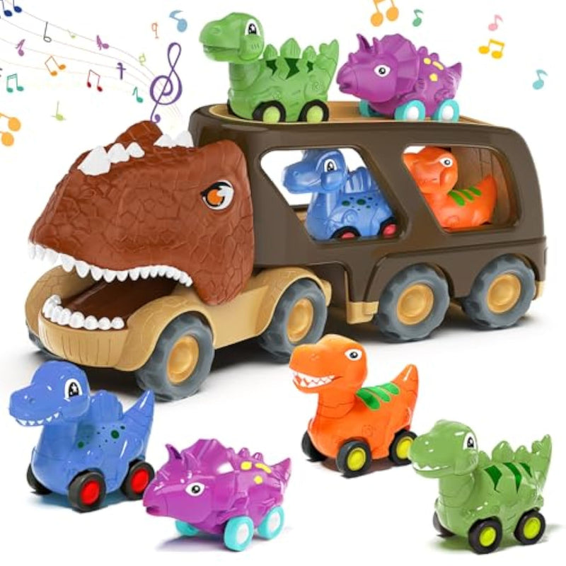 Dinosaur Toys For Kids 2-4 Boys,Dinosaur Car Carrier Truck Toy With 4 Pull Back Dino Car?Dinosaur Truck For 2 3 4 5 Year Old Boy Toys,2 3 4 5 Year Old Boy Birthday Gift With Dino Sound.