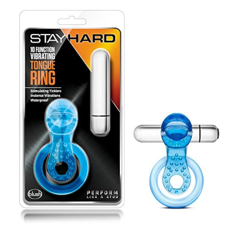 Stay Hard 10 Function 3 In 1 Stimulating Aaa Battery Powered Fragrance Free Vibrating Tongue Ring C Ring With Bullet - Easy Cleaning Ipx7 Submersible Waterproof - Men Couples - Blue